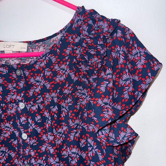LOFT Petites Floral Print Button Front Ruffled Sleeve Blouse L - Picture 3 of 7